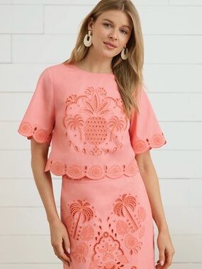 crown & ivy Sewing Down South Coral Blast Embroidered Top and Skirt Set